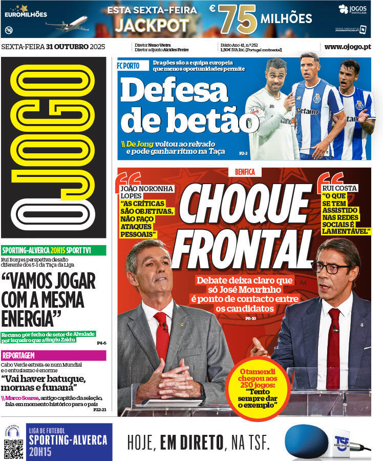 O Jogo: Capa da Edi&ccedil;&atilde;o de sexta-feira, 31 de outubro 2025