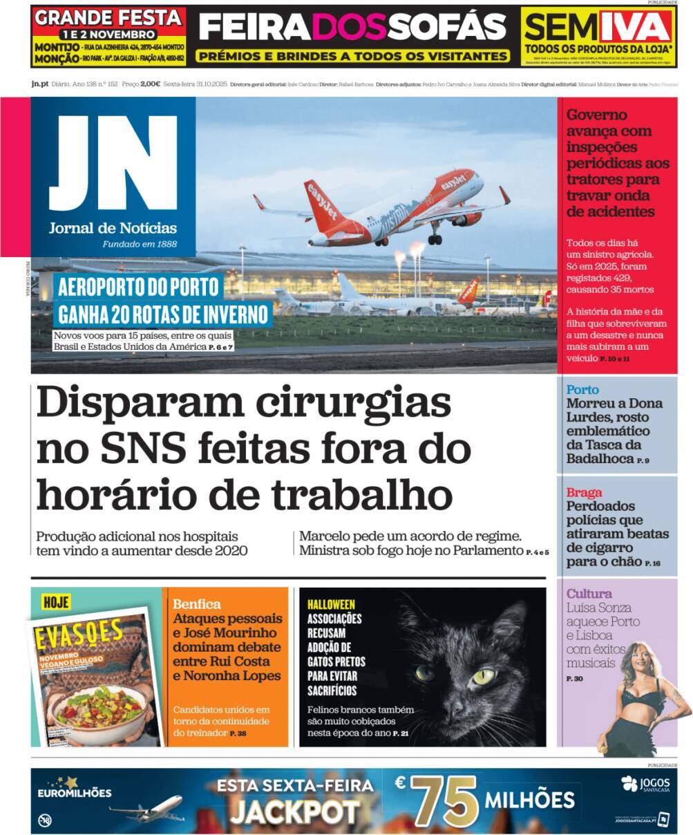 Jornal de Not&iacute;cias: Capa da Edi&ccedil;&atilde;o de sexta-feira, 31 de outubro 2025