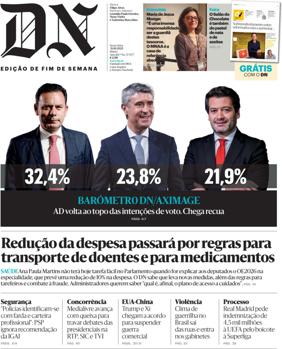 Di&aacute;rio de Not&iacute;cias: Capa da Edi&ccedil;&atilde;o de sexta-feira, 31 de outubro 2025