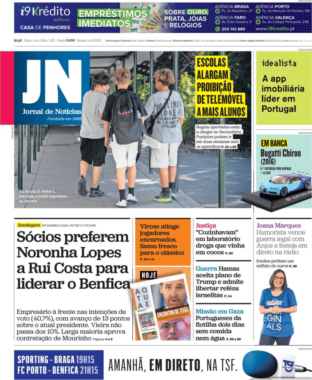 Jornal de Not&iacute;cias: Capa da Edi&ccedil;&atilde;o de s&aacute;bado, 04 de outubro 2025