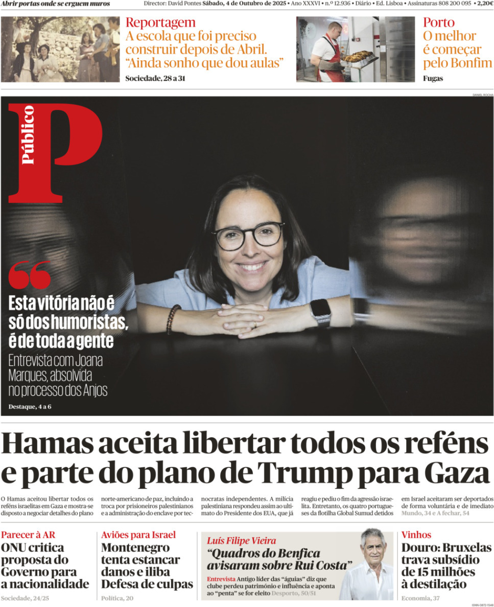 P&uacute;blico: Capa da Edi&ccedil;&atilde;o de s&aacute;bado, 04 de outubro 2025