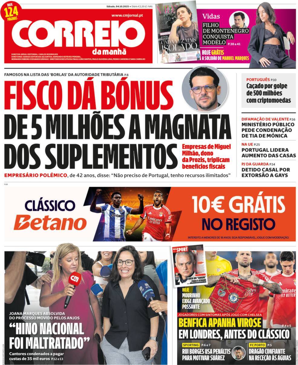 Correio da Manh&atilde;: Capa da Edi&ccedil;&atilde;o de s&aacute;bado, 04 de outubro 2025