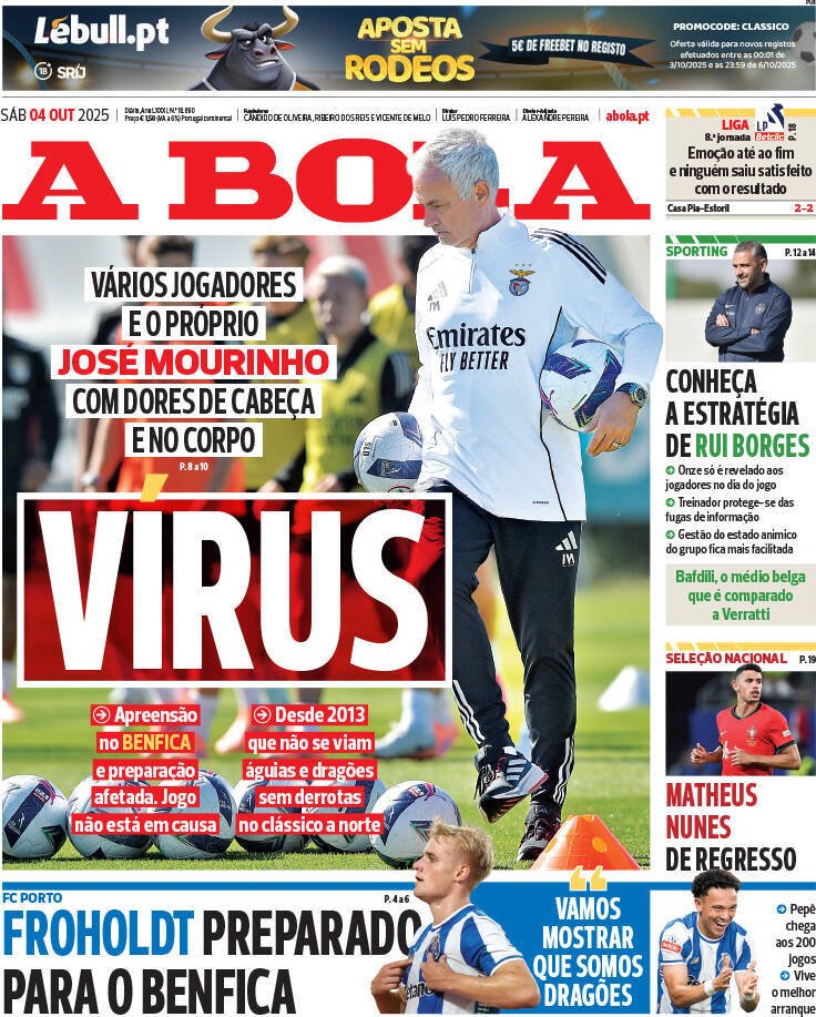 A Bola: Capa da Edi&ccedil;&atilde;o de s&aacute;bado, 04 de outubro 2025