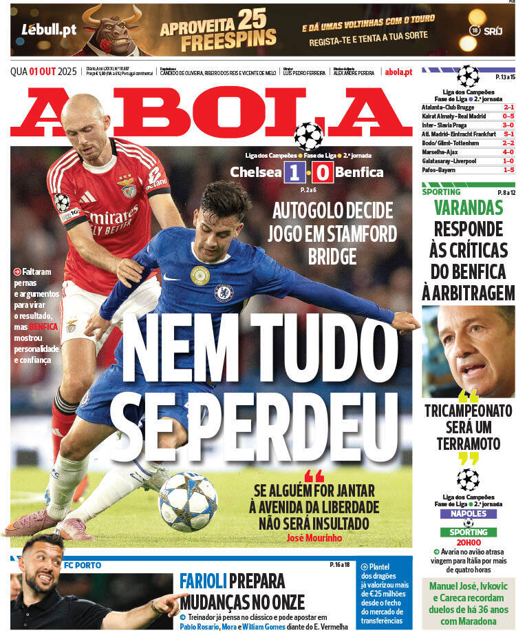 A Bola: Capa da Edi&ccedil;&atilde;o de quarta-feira, 01 de outubro 2025