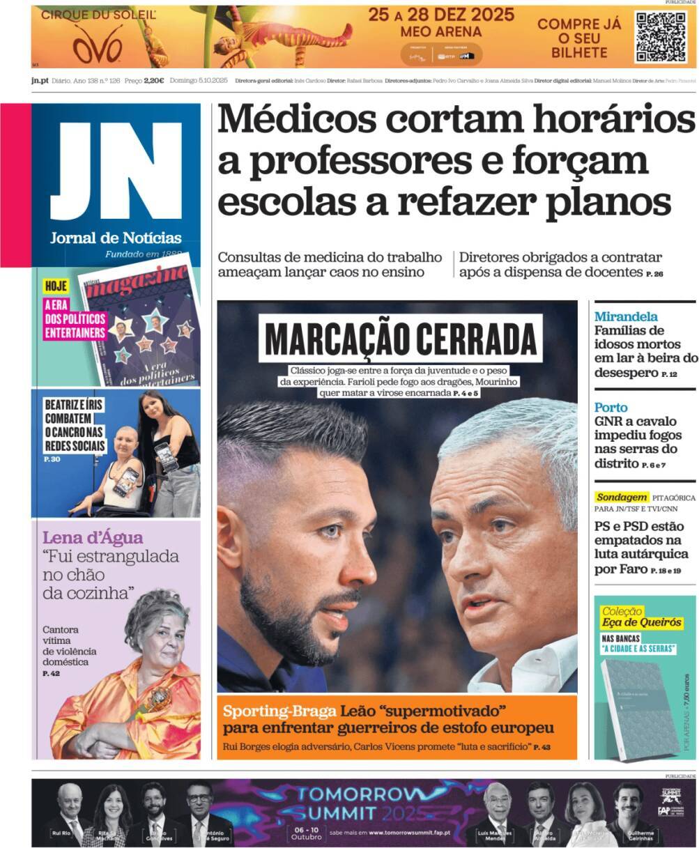 Jornal de Not&iacute;cias: Capa da Edi&ccedil;&atilde;o de domingo, 05 de outubro 2025