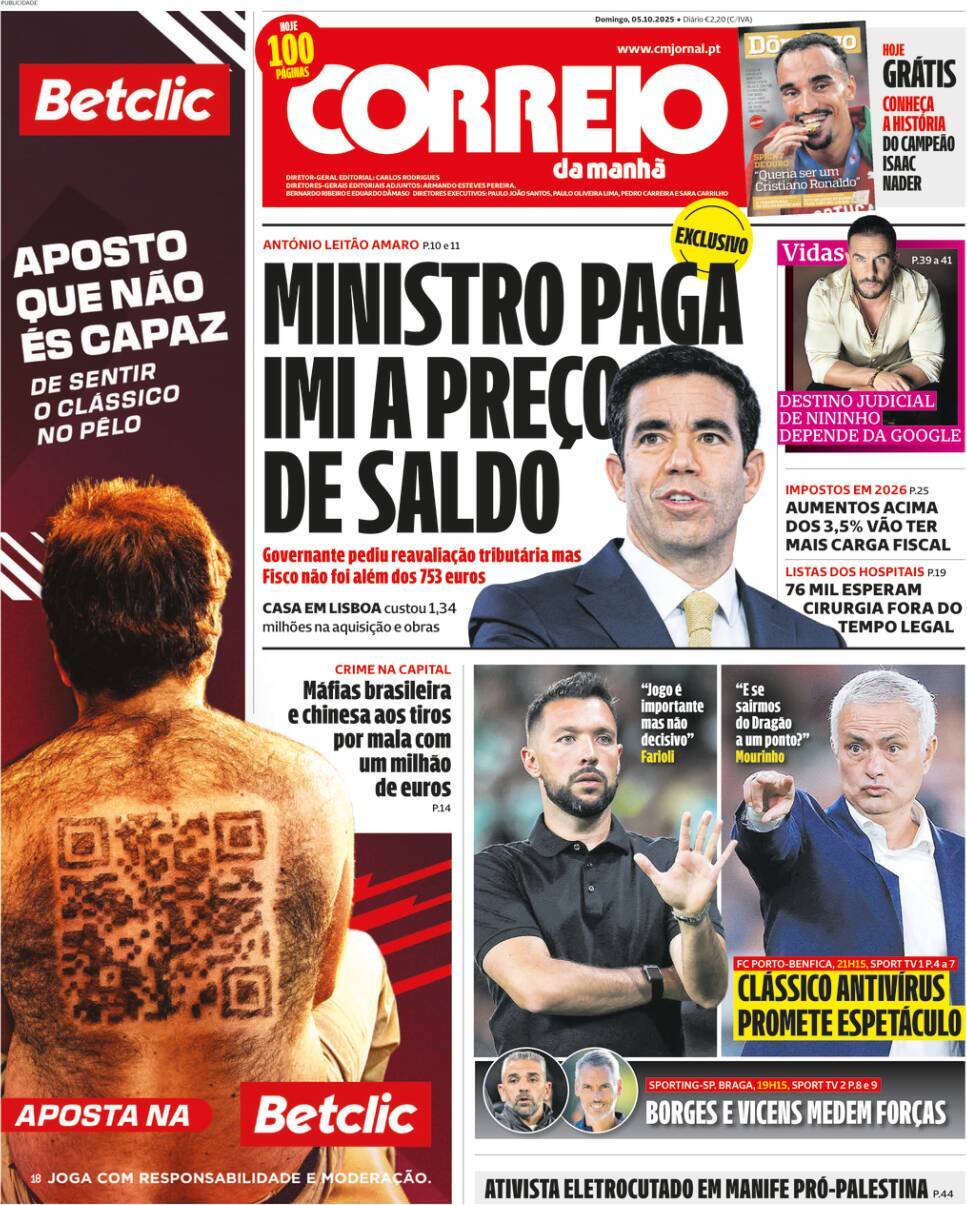 Correio da Manh&atilde;: Capa da Edi&ccedil;&atilde;o de domingo, 05 de outubro 2025