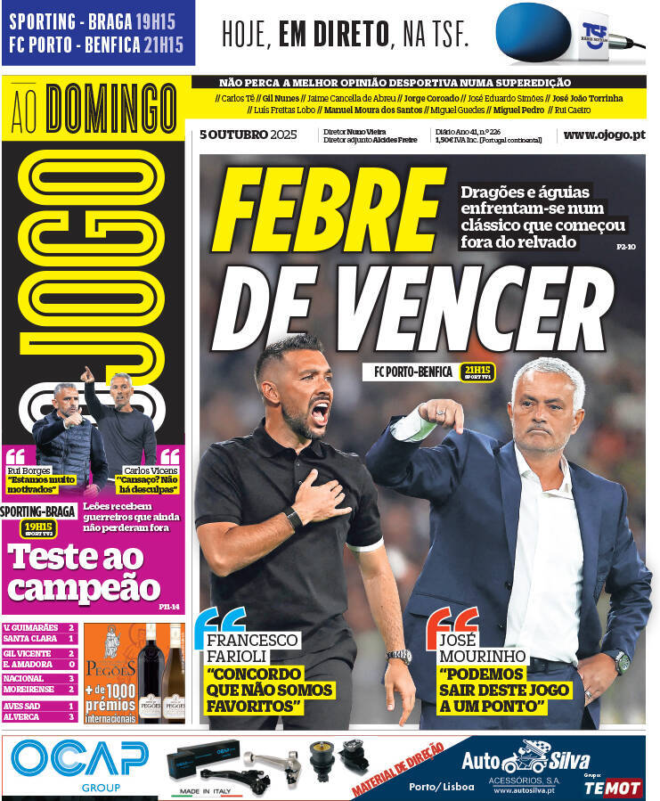 O Jogo: Capa da Edi&ccedil;&atilde;o de domingo, 05 de outubro 2025