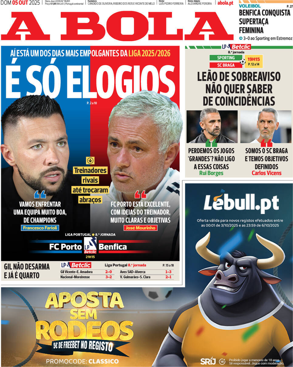 A Bola: Capa da Edi&ccedil;&atilde;o de domingo, 05 de outubro 2025