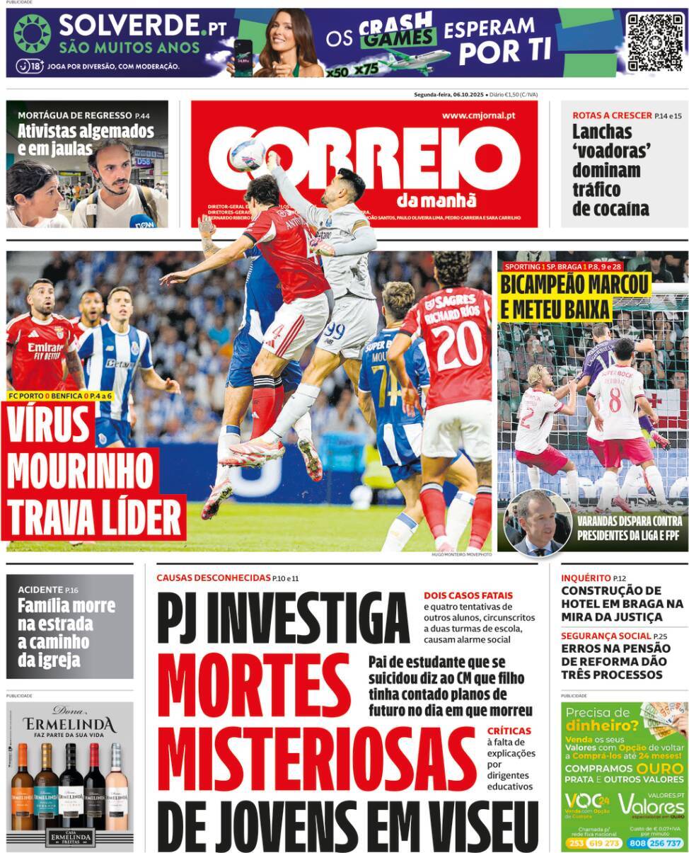 Correio da Manh&atilde;: Capa da Edi&ccedil;&atilde;o de segunda-feira, 06 de outubro 2025