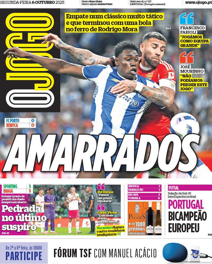 O Jogo: Capa da Edi&ccedil;&atilde;o de segunda-feira, 06 de outubro 2025