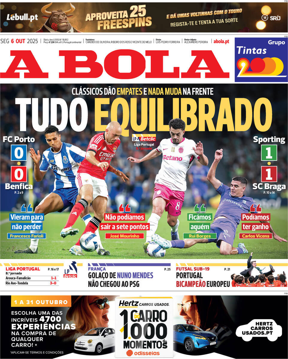 A Bola: Capa da Edi&ccedil;&atilde;o de segunda-feira, 06 de outubro 2025