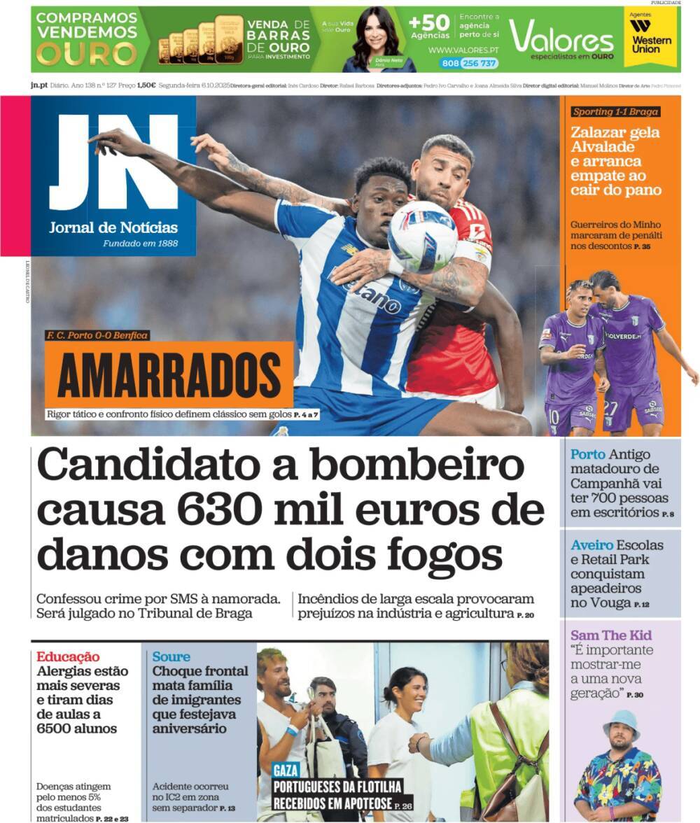 Jornal de Not&iacute;cias: Capa da Edi&ccedil;&atilde;o de segunda-feira, 06 de outubro 2025