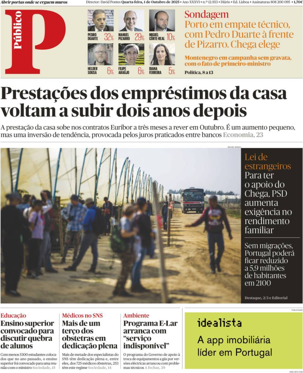 P&uacute;blico: Capa da Edi&ccedil;&atilde;o de quarta-feira, 01 de outubro 2025