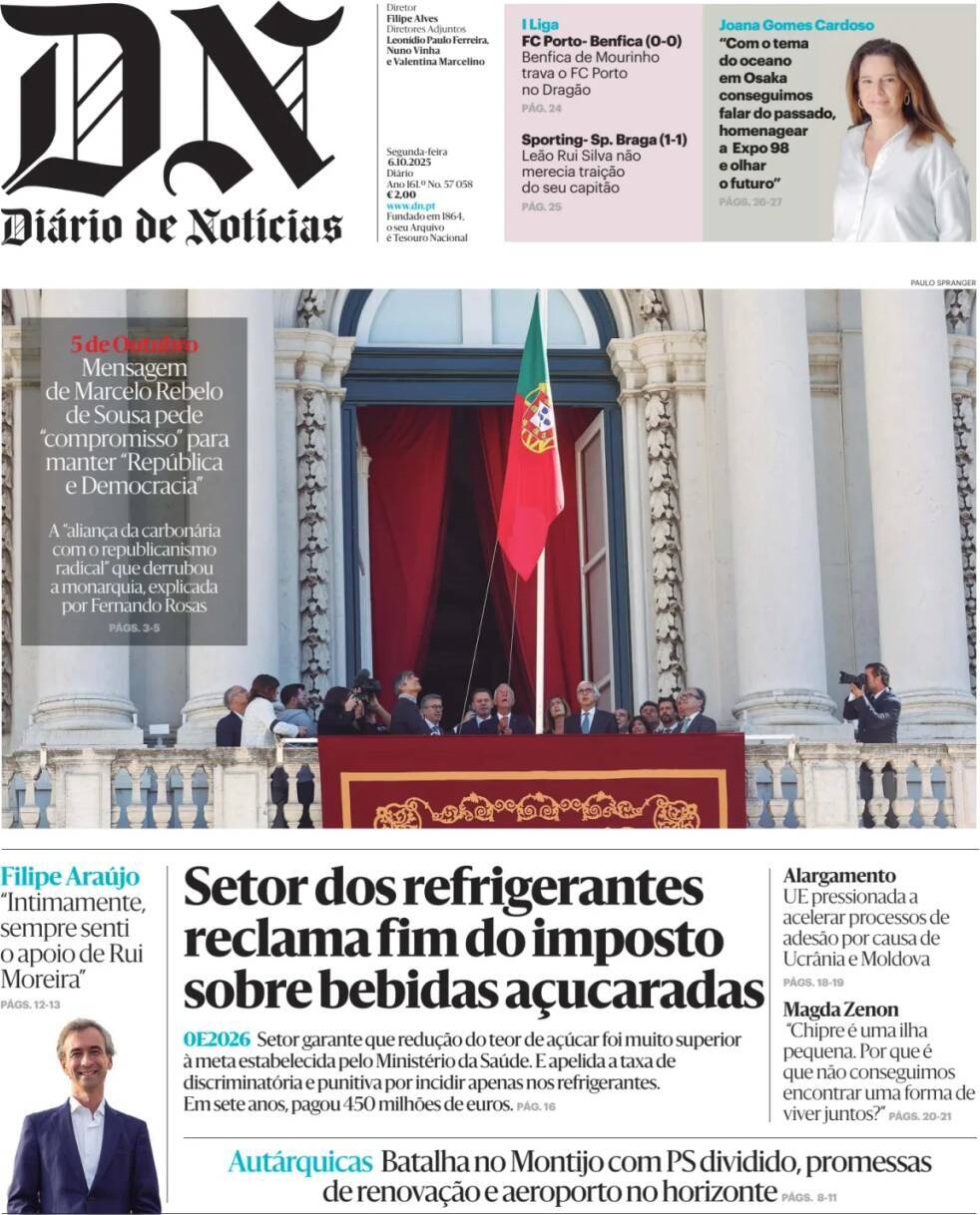 Di&aacute;rio de Not&iacute;cias: Capa da Edi&ccedil;&atilde;o de segunda-feira, 06 de outubro 2025