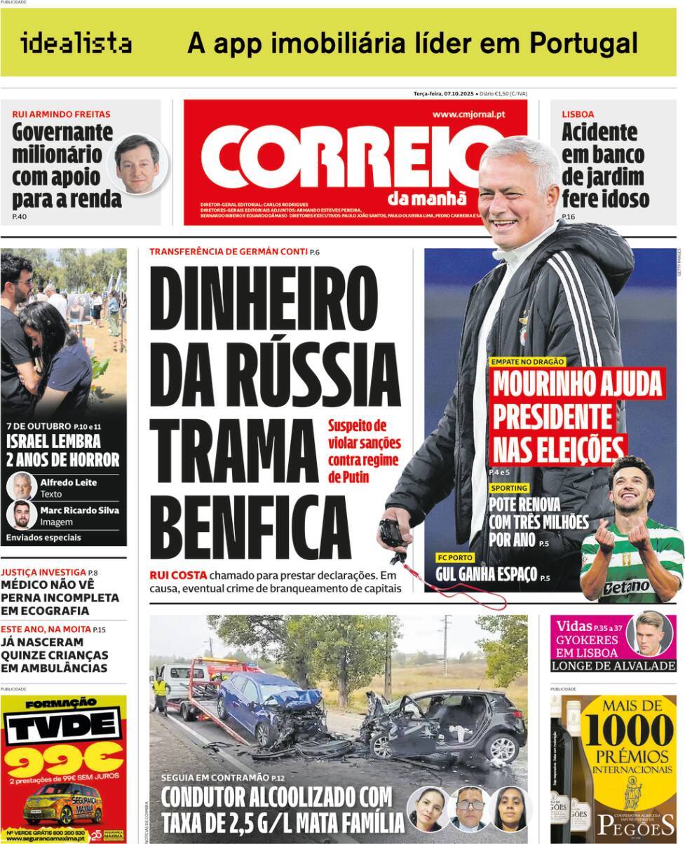 Correio da Manh&atilde;: Capa da Edi&ccedil;&atilde;o de ter&ccedil;a-feira, 07 de outubro 2025