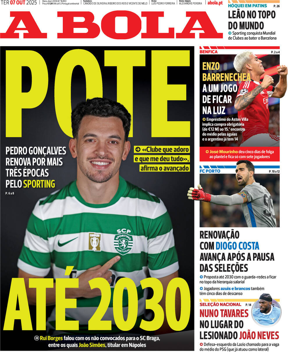 A Bola: Capa da Edi&ccedil;&atilde;o de ter&ccedil;a-feira, 07 de outubro 2025