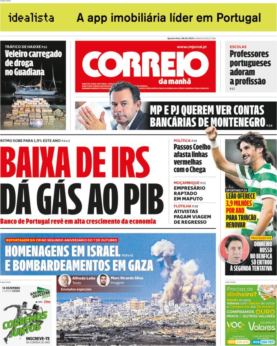 Correio da Manh&atilde;: Capa da Edi&ccedil;&atilde;o de quarta-feira, 08 de outubro 2025