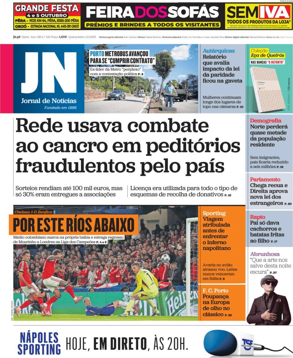 Jornal de Not&iacute;cias: Capa da Edi&ccedil;&atilde;o de quarta-feira, 01 de outubro 2025