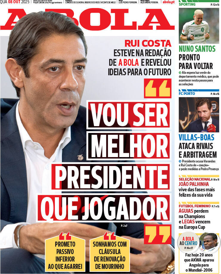 A Bola: Capa da Edi&ccedil;&atilde;o de quarta-feira, 08 de outubro 2025