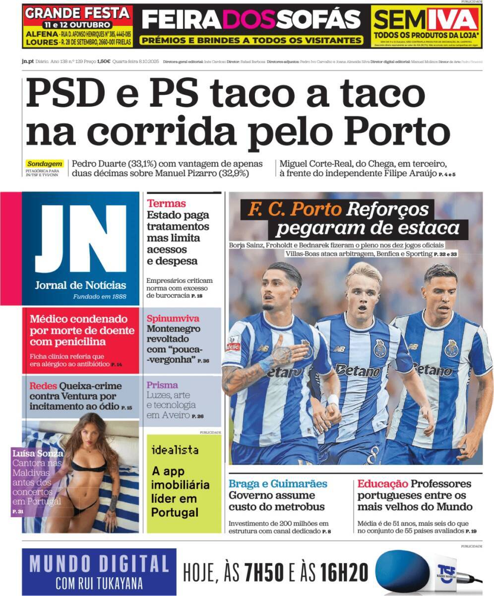 Jornal de Not&iacute;cias: Capa da Edi&ccedil;&atilde;o de quarta-feira, 08 de outubro 2025