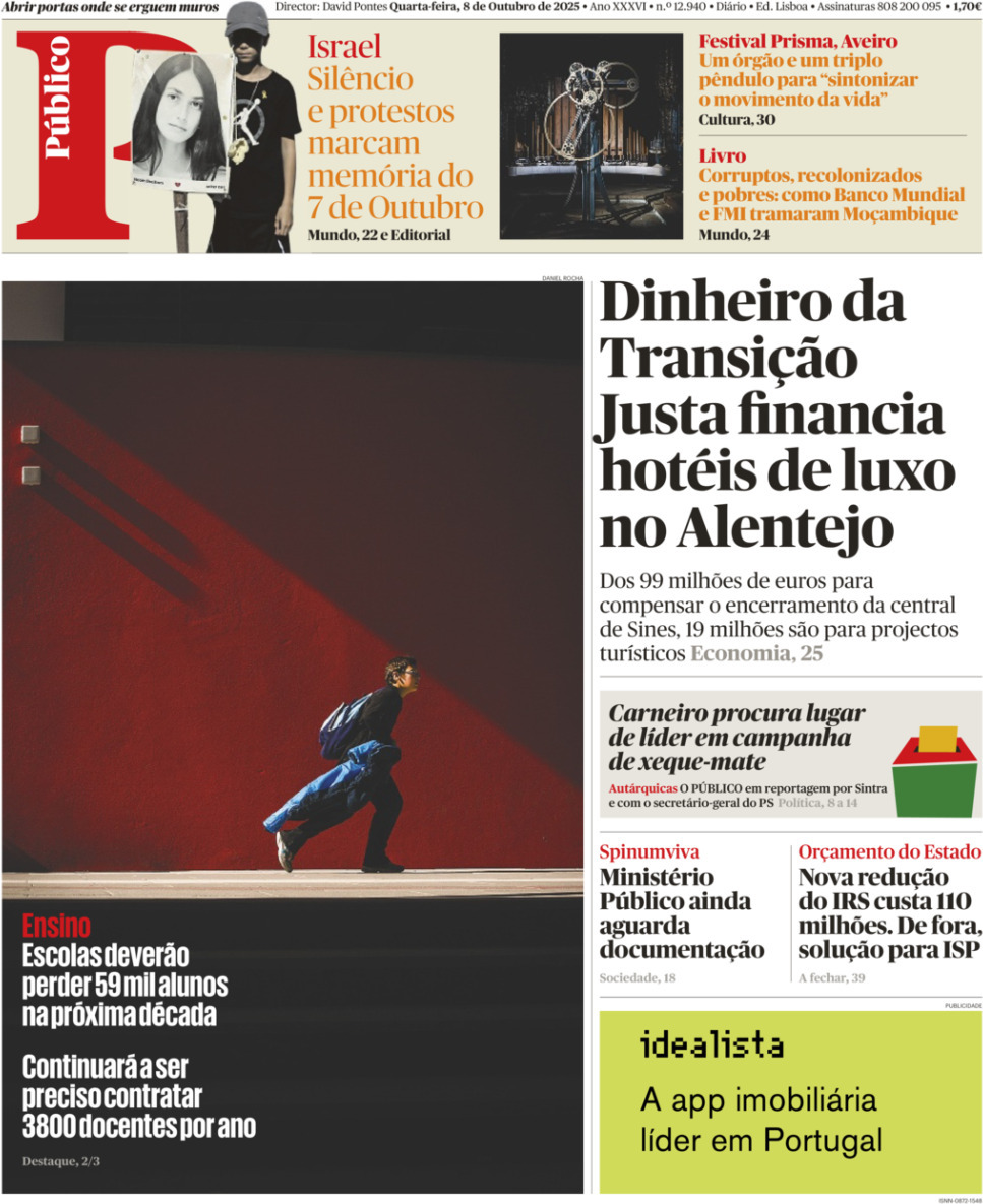 P&uacute;blico: Capa da Edi&ccedil;&atilde;o de quarta-feira, 08 de outubro 2025