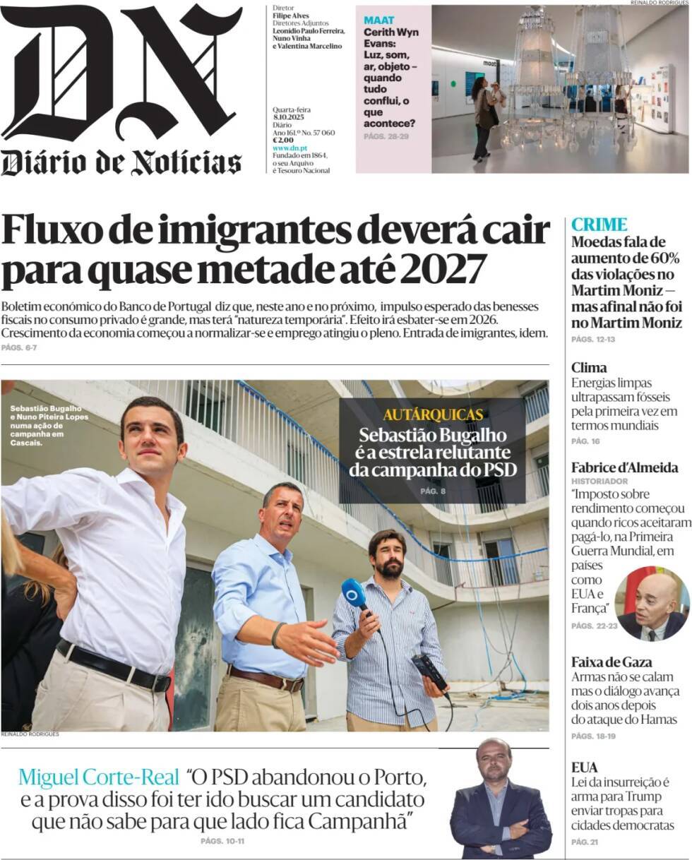 Di&aacute;rio de Not&iacute;cias: Capa da Edi&ccedil;&atilde;o de quarta-feira, 08 de outubro 2025