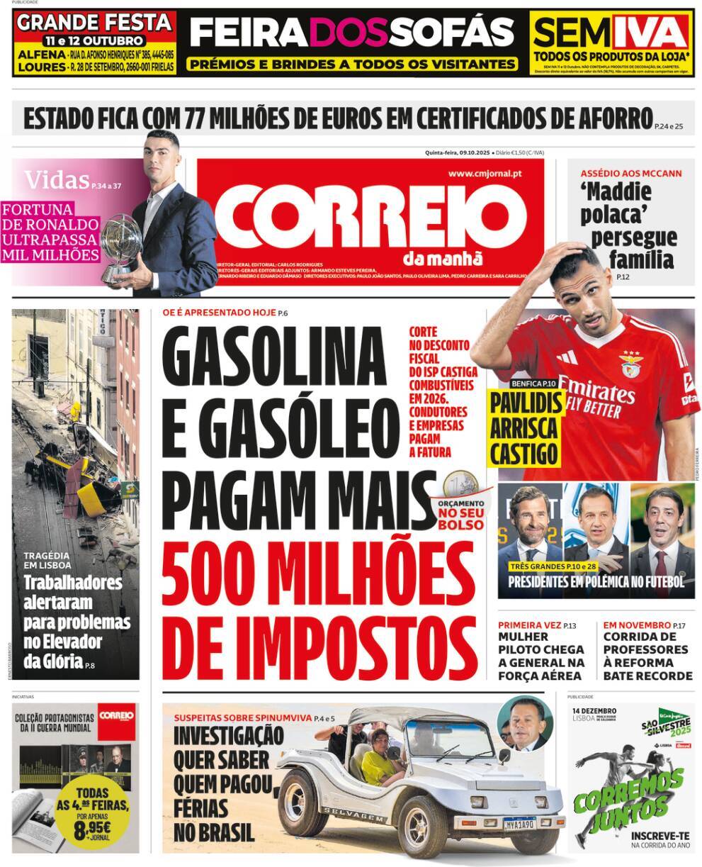 Correio da Manh&atilde;: Capa da Edi&ccedil;&atilde;o de quinta-feira, 09 de outubro 2025