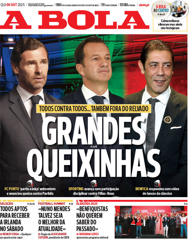 A Bola: Capa da Edi&ccedil;&atilde;o de quinta-feira, 09 de outubro 2025