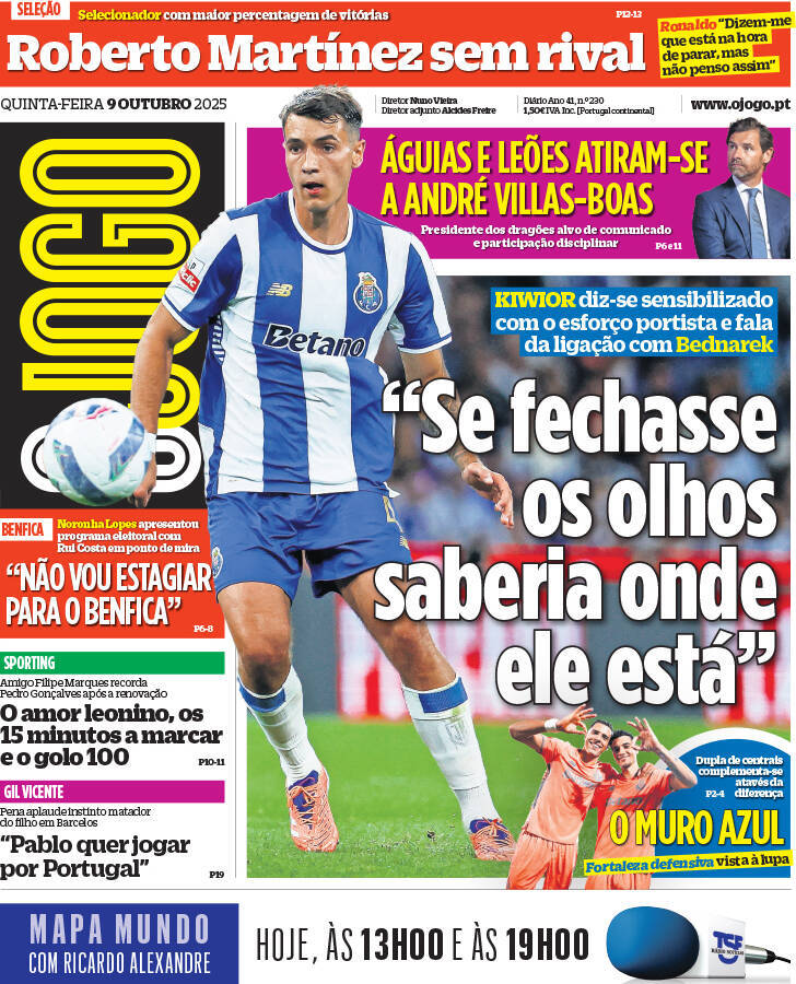 O Jogo: Capa da Edi&ccedil;&atilde;o de quinta-feira, 09 de outubro 2025