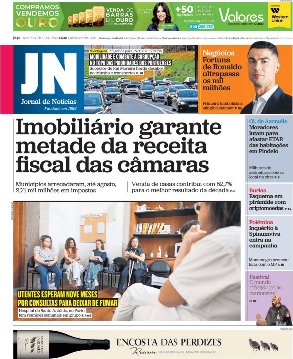 Jornal de Not&iacute;cias: Capa da Edi&ccedil;&atilde;o de quinta-feira, 09 de outubro 2025