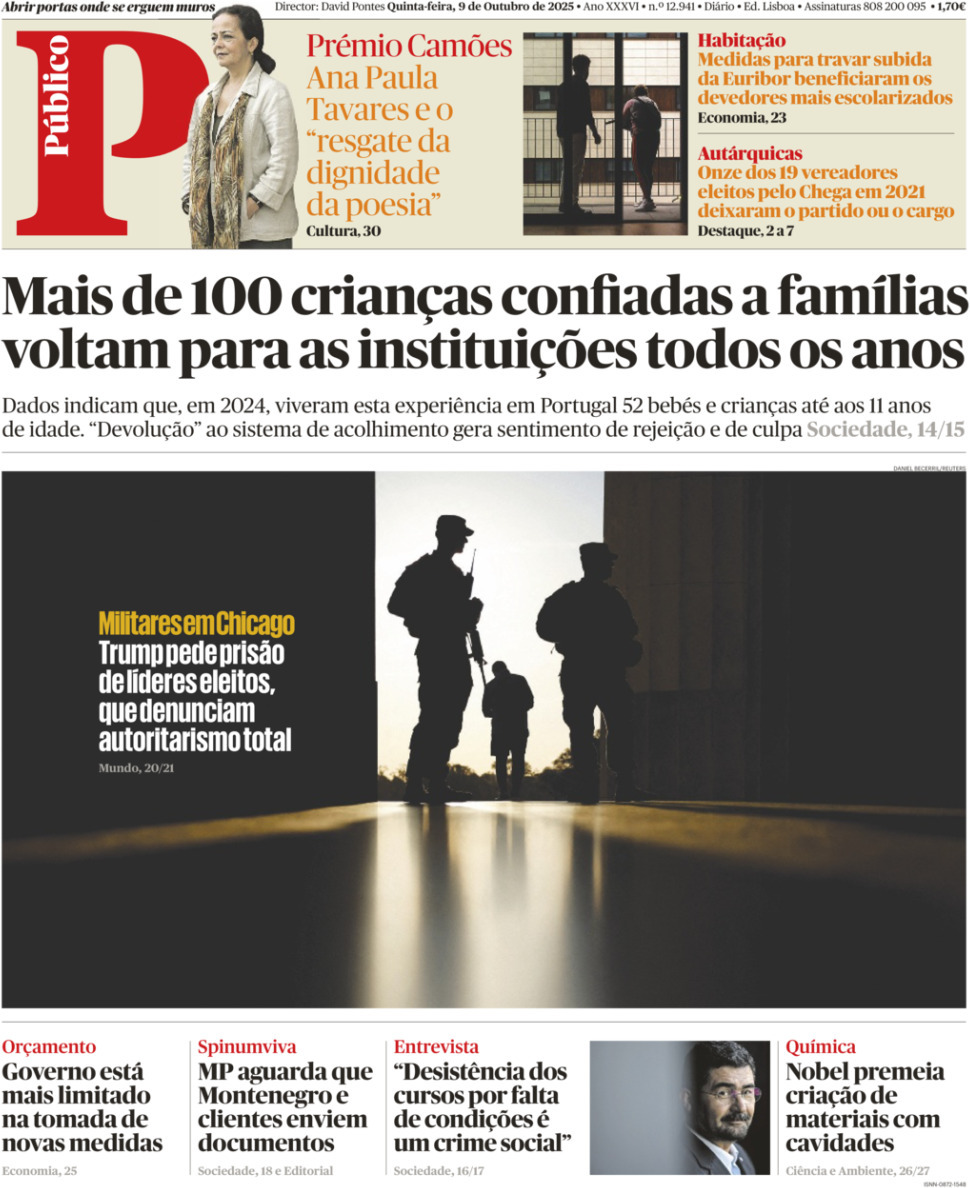 P&uacute;blico: Capa da Edi&ccedil;&atilde;o de quinta-feira, 09 de outubro 2025