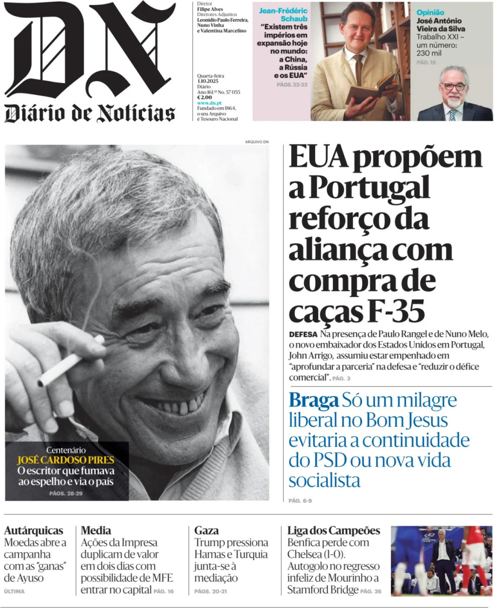 Di&aacute;rio de Not&iacute;cias: Capa da Edi&ccedil;&atilde;o de quarta-feira, 01 de outubro 2025