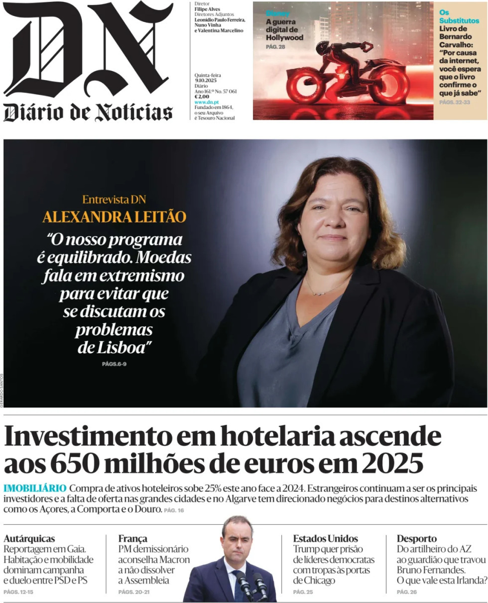 Di&aacute;rio de Not&iacute;cias: Capa da Edi&ccedil;&atilde;o de quinta-feira, 09 de outubro 2025