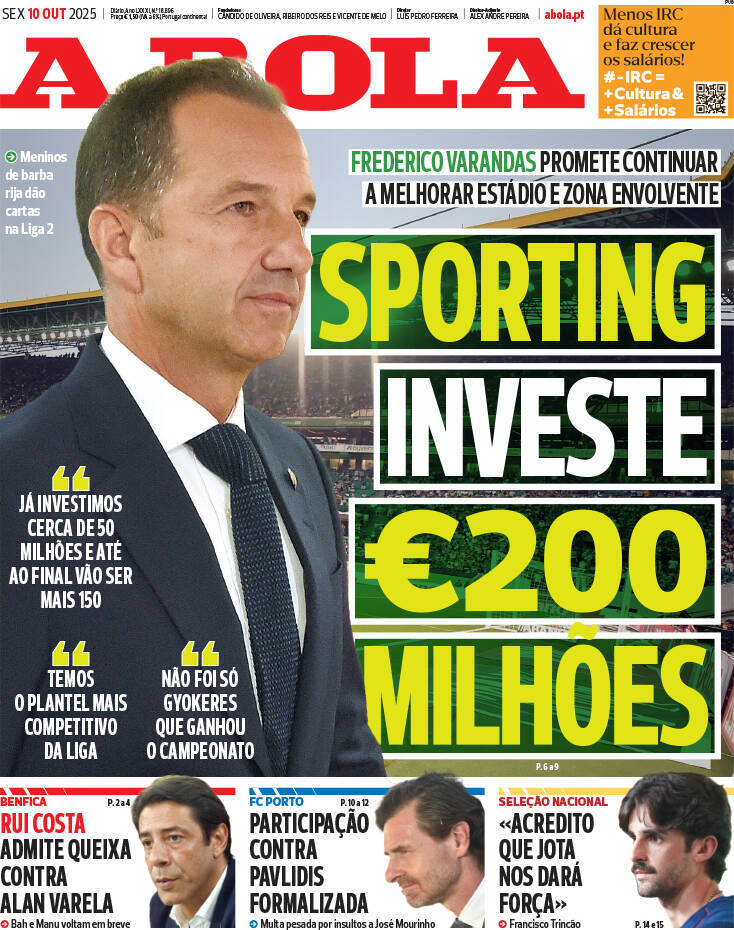 A Bola: Capa da Edi&ccedil;&atilde;o de sexta-feira, 10 de outubro 2025