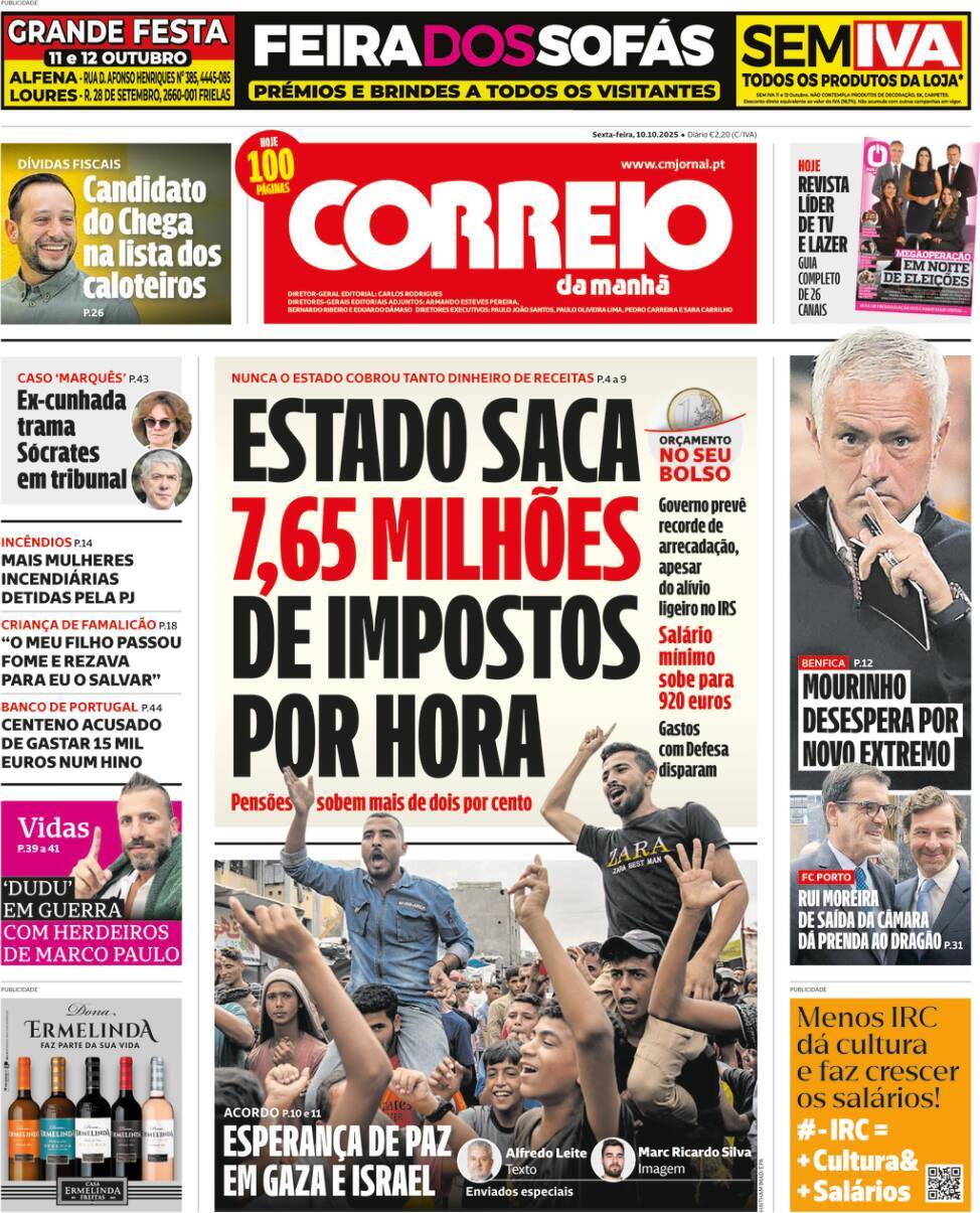 Correio da Manh&atilde;: Capa da Edi&ccedil;&atilde;o de sexta-feira, 10 de outubro 2025
