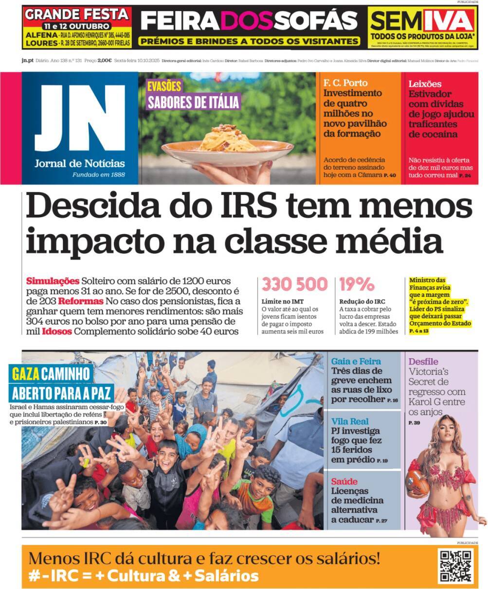 Jornal de Not&iacute;cias: Capa da Edi&ccedil;&atilde;o de sexta-feira, 10 de outubro 2025