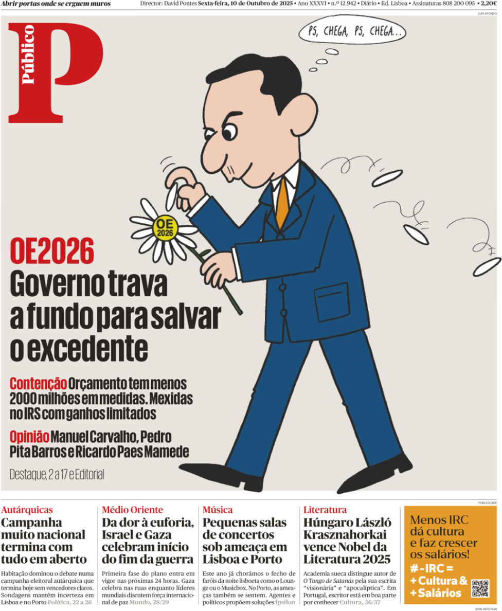 P&uacute;blico: Capa da Edi&ccedil;&atilde;o de sexta-feira, 10 de outubro 2025