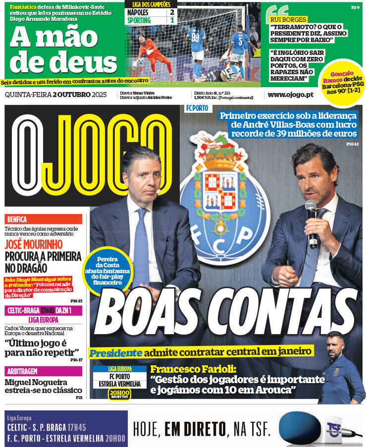 O Jogo: Capa da Edi&ccedil;&atilde;o de quinta-feira, 02 de outubro 2025