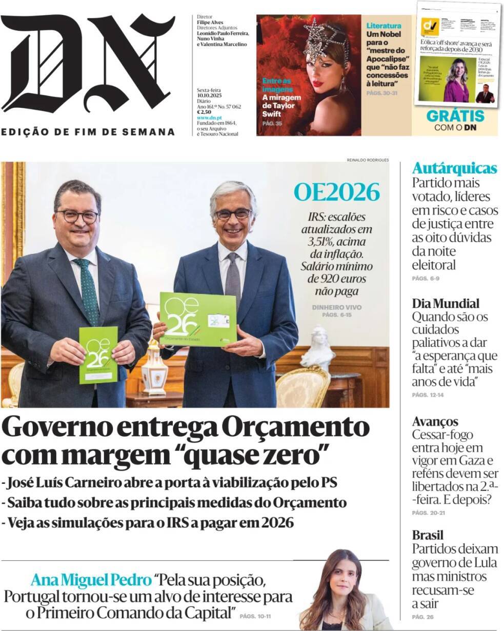 Di&aacute;rio de Not&iacute;cias: Capa da Edi&ccedil;&atilde;o de sexta-feira, 10 de outubro 2025