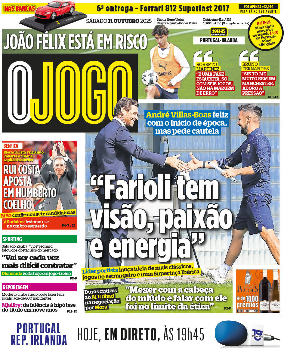O Jogo: Capa da Edi&ccedil;&atilde;o de s&aacute;bado, 11 de outubro 2025