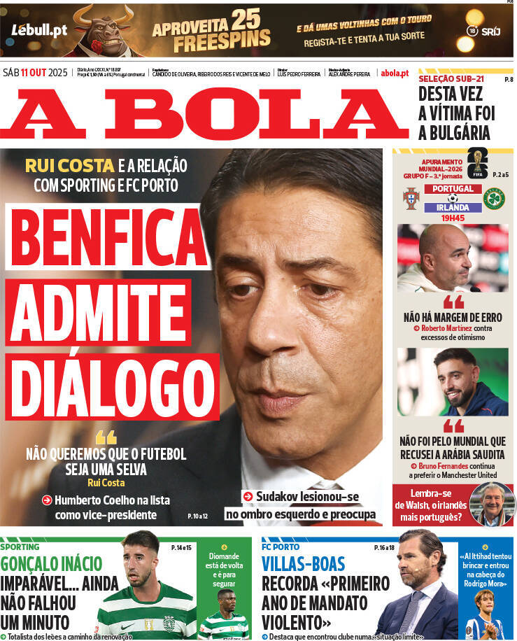 A Bola: Capa da Edi&ccedil;&atilde;o de s&aacute;bado, 11 de outubro 2025