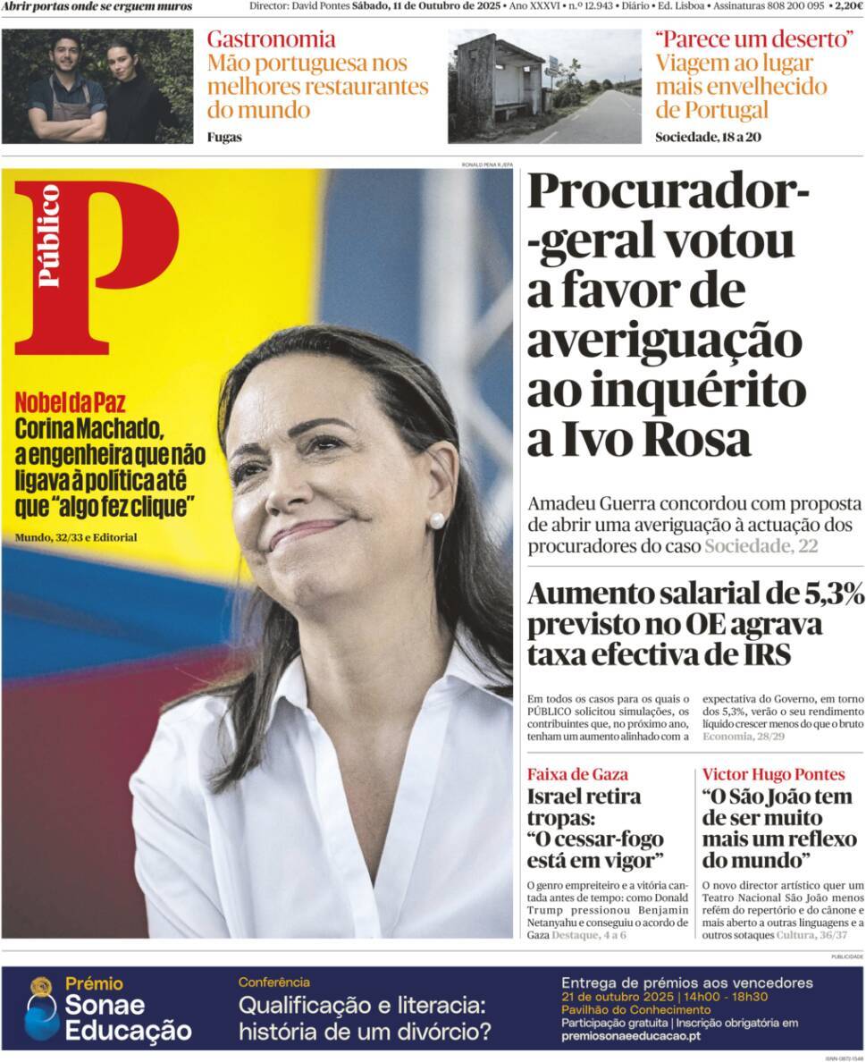 P&uacute;blico: Capa da Edi&ccedil;&atilde;o de s&aacute;bado, 11 de outubro 2025