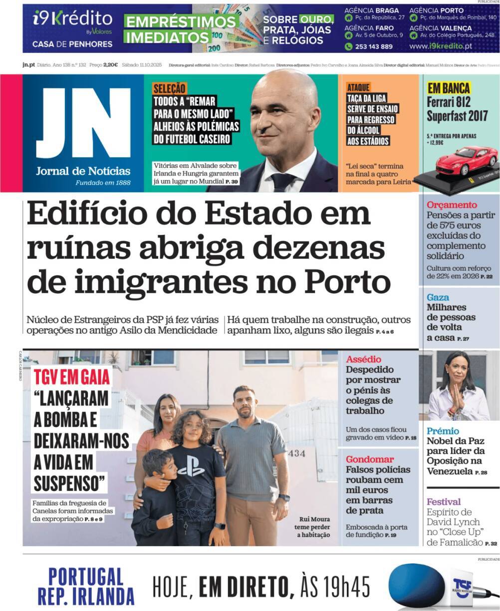 Jornal de Not&iacute;cias: Capa da Edi&ccedil;&atilde;o de s&aacute;bado, 11 de outubro 2025