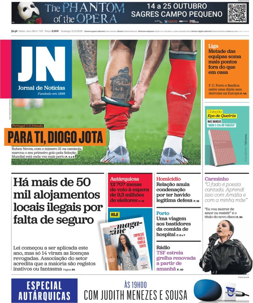 Jornal de Not&iacute;cias: Capa da Edi&ccedil;&atilde;o de domingo, 12 de outubro 2025