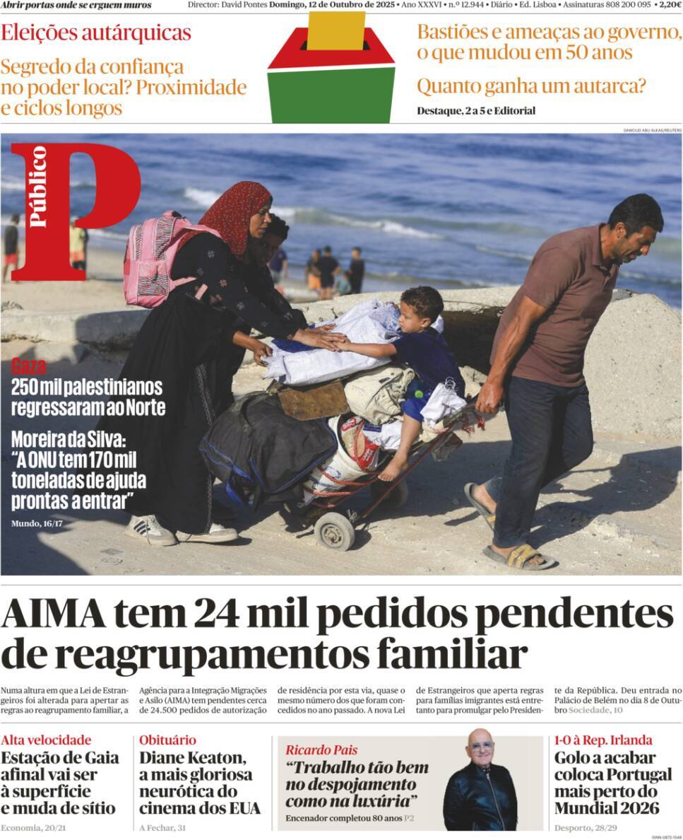 P&uacute;blico: Capa da Edi&ccedil;&atilde;o de domingo, 12 de outubro 2025