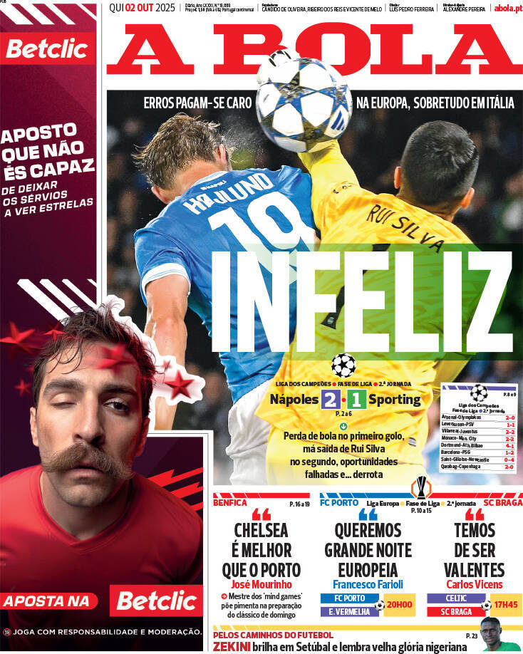 A Bola: Capa da Edi&ccedil;&atilde;o de quinta-feira, 02 de outubro 2025