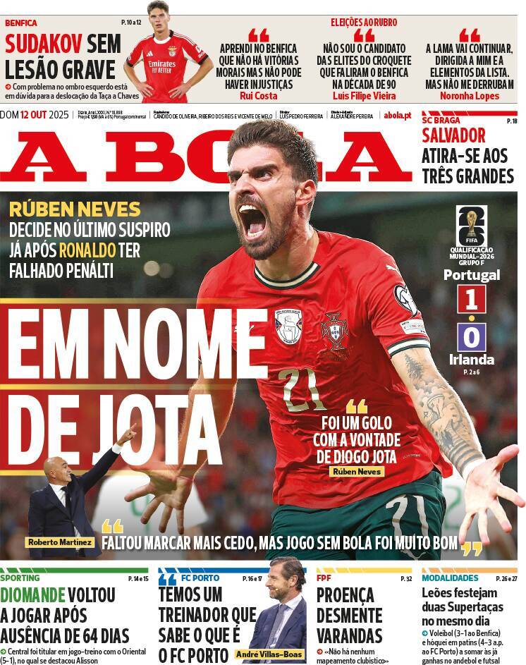 A Bola: Capa da Edi&ccedil;&atilde;o de domingo, 12 de outubro 2025