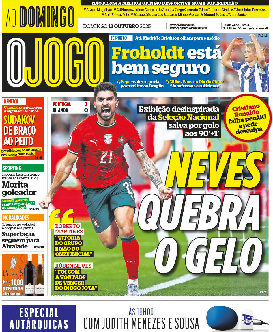 O Jogo: Capa da Edi&ccedil;&atilde;o de domingo, 12 de outubro 2025