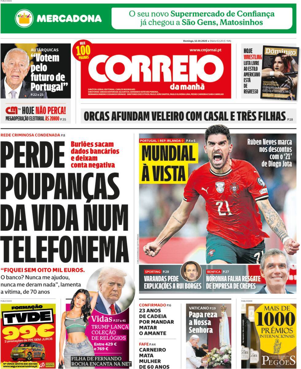 Correio da Manh&atilde;: Capa da Edi&ccedil;&atilde;o de domingo, 12 de outubro 2025