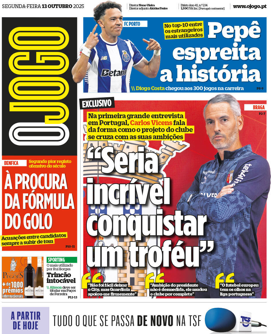 O Jogo: Capa da Edi&ccedil;&atilde;o de segunda-feira, 13 de outubro 2025